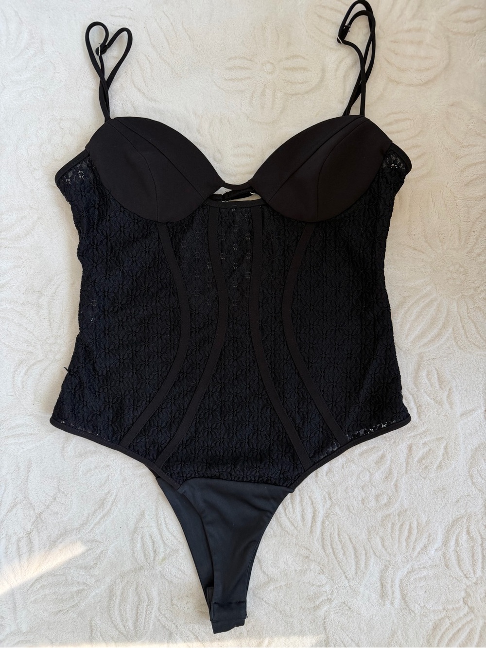 Zara Black Lace Corset Bodysuit with Built-In Cups